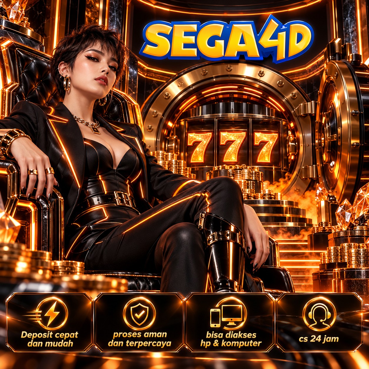 Poster SEGA4D dengan suasana emas dan fitur digital